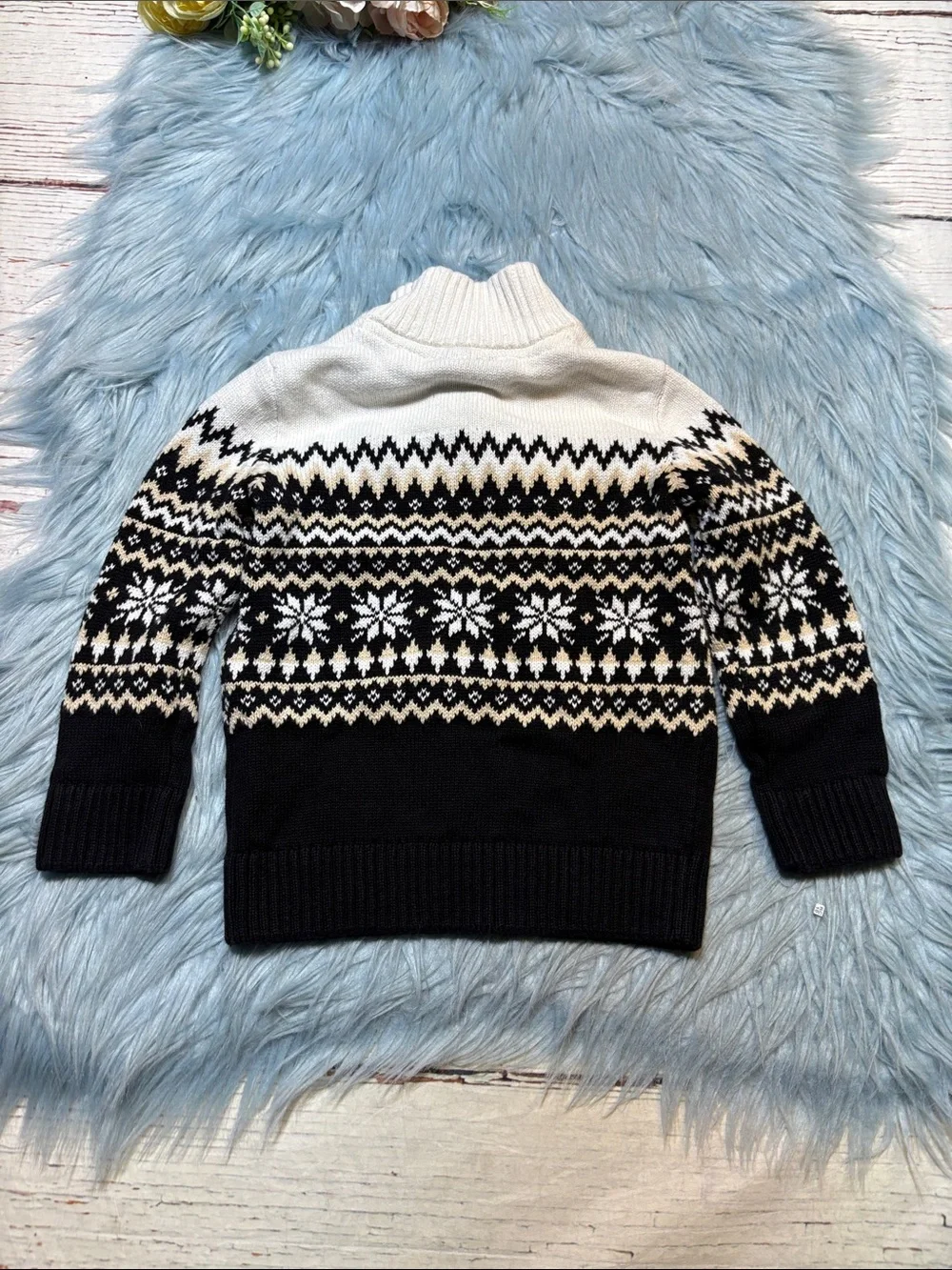 The Children’s Place Half-Zip Fair Isle Knit Pullover Sweater - Black & White 3T